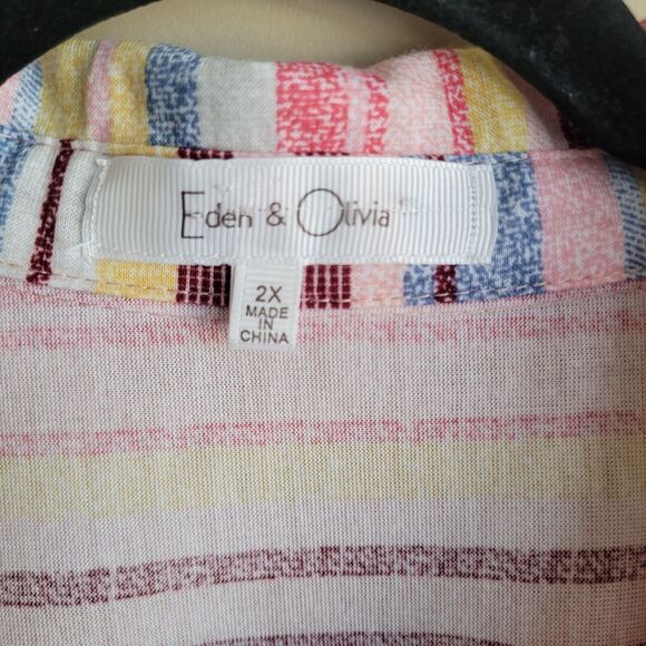 Eden & Olivia Womens Blouse Plus Size 2X Button Front Multicolor Stripes Pockets - Picture 2 of 9